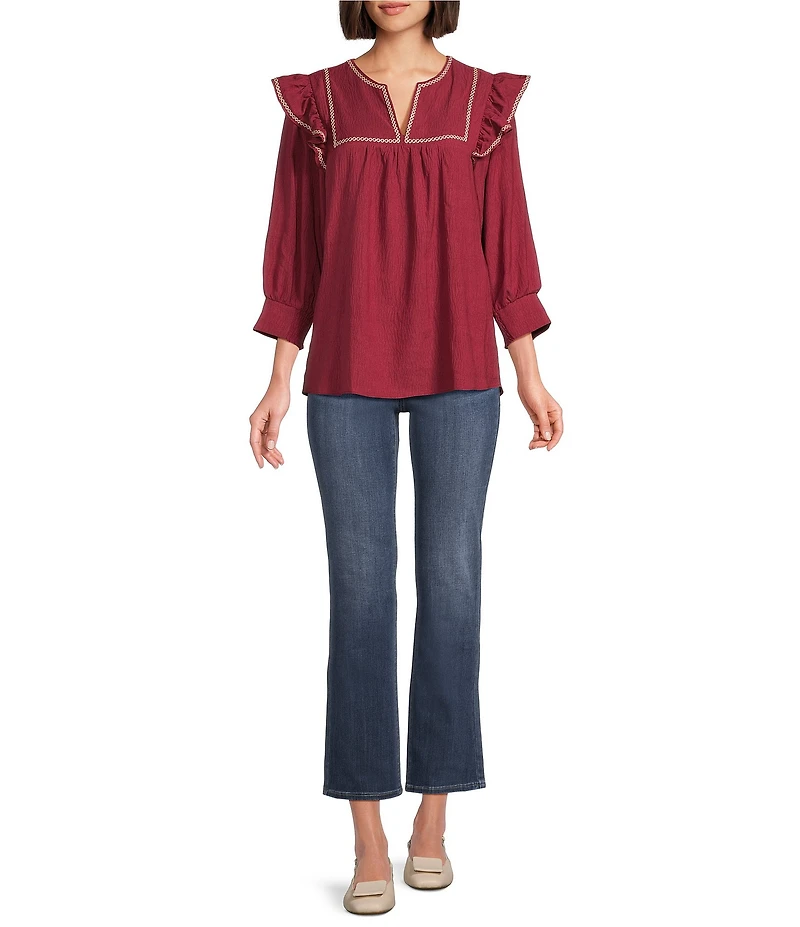 Calessa Ruffle Shoulder Contrast Stitching Split V-Neck 3/4 Sleeve Tunic