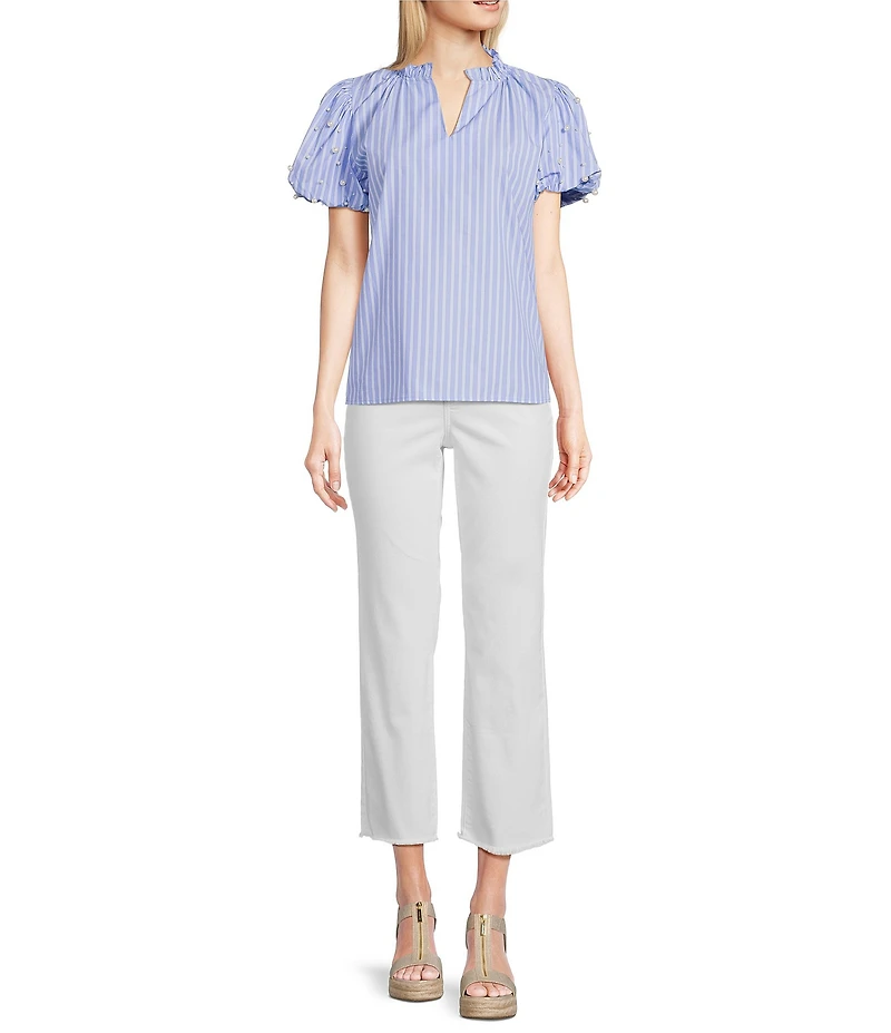 Calessa Short Pearl Sleeve Split V-Neck Striped Woven Blouse