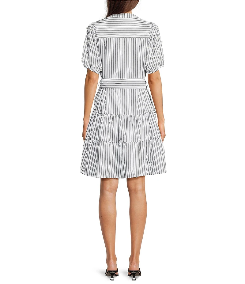 Calessa Short Pearl Sleeve Split V-Neck Tiered Tie Belt Striped Dress