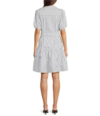 Calessa Short Pearl Sleeve Split V-Neck Tiered Tie Belt Striped Dress