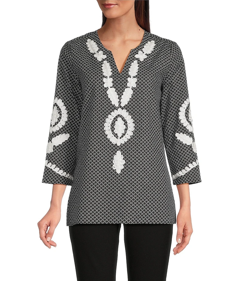 Calessa Soutache Embroidered Geometric Print Split V-Neck 3/4 Sleeve Tunic