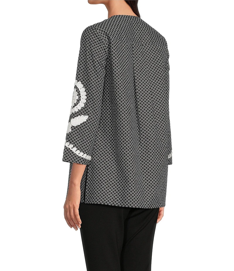 Calessa Soutache Embroidered Geometric Print Split V-Neck 3/4 Sleeve Tunic