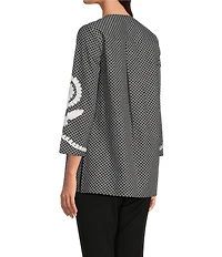 Calessa Soutache Embroidered Geometric Print Split V-Neck 3/4 Sleeve Tunic