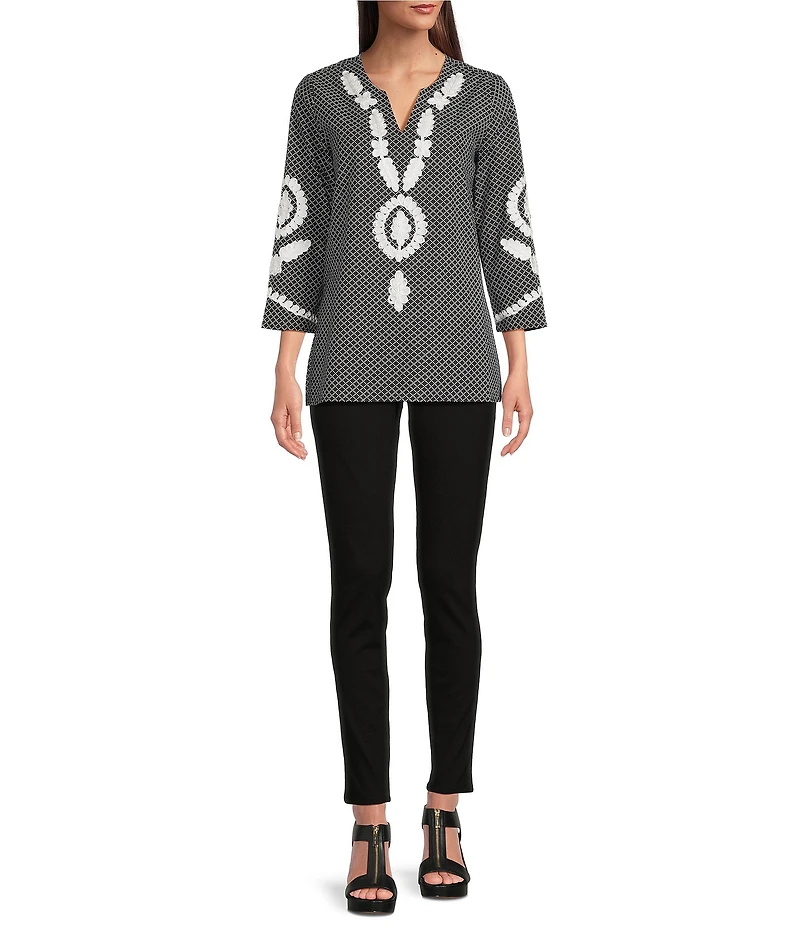 Calessa Soutache Embroidered Geometric Print Split V-Neck 3/4 Sleeve Tunic