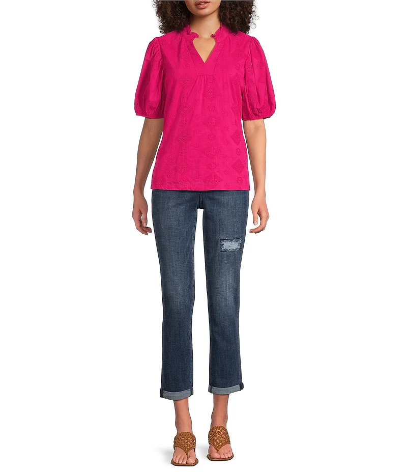 Calessa Split V-Neck Short Sleeve Embroidered Top