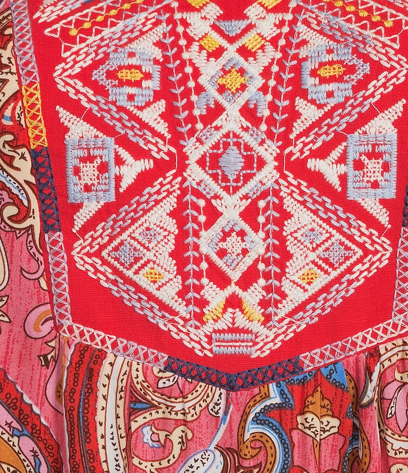 Calessa Split V-Neck 3/4 Sleeve Embroidered Print Tunic