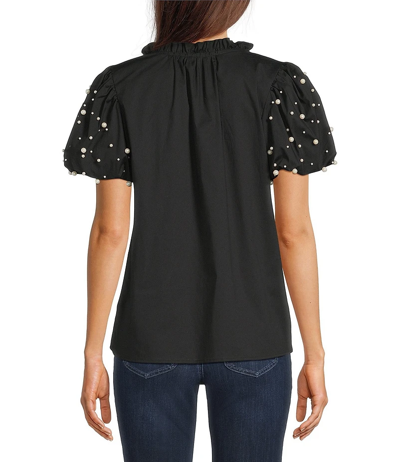 Calessa Split V-Neck Beaded Short Sleeve Tunic