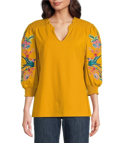 Calessa Split V-Neck Long Floral Embroidered Balloon Sleeve Tunic