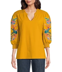 Calessa Split V-Neck Long Floral Embroidered Balloon Sleeve Tunic