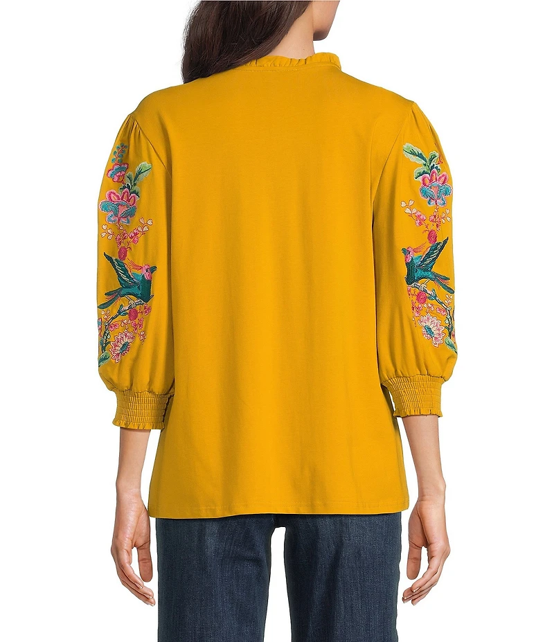 Calessa Split V-Neck Long Floral Embroidered Balloon Sleeve Tunic