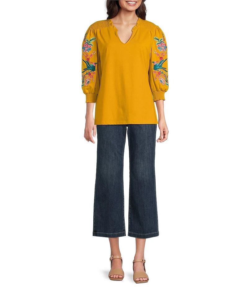 Calessa Split V-Neck Long Floral Embroidered Balloon Sleeve Tunic