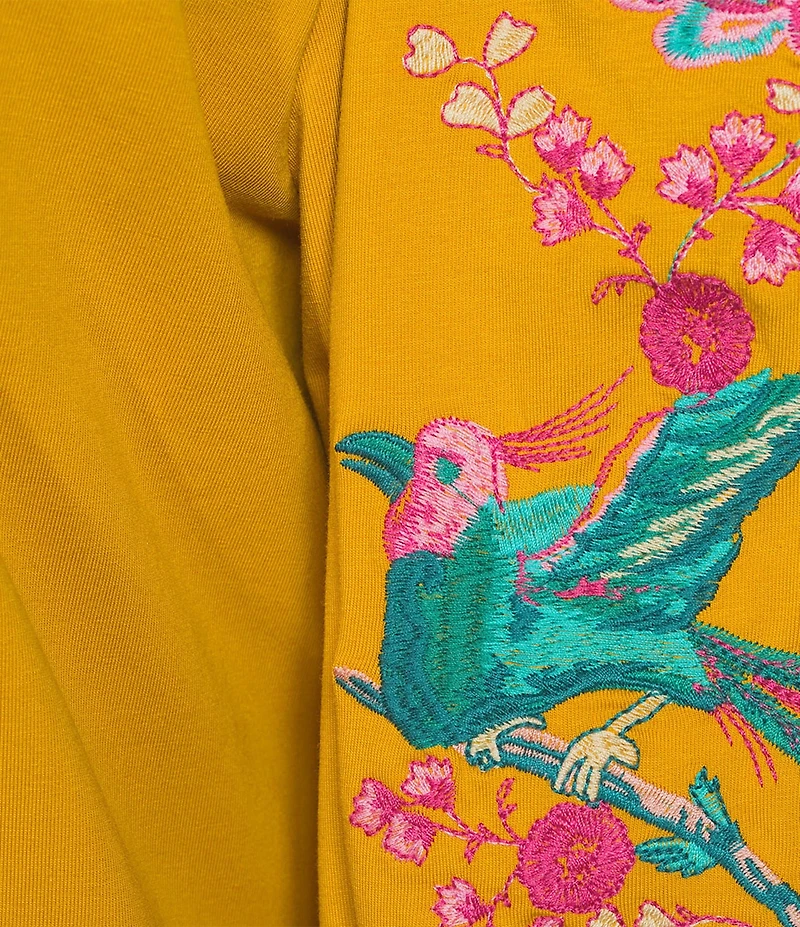 Calessa Split V-Neck Long Floral Embroidered Balloon Sleeve Tunic