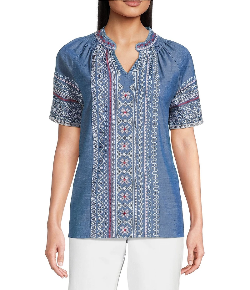Calessa Split V-Neck Short Sleeve Embroidered Tunic
