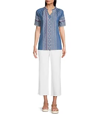 Calessa Split V-Neck Short Sleeve Embroidered Tunic