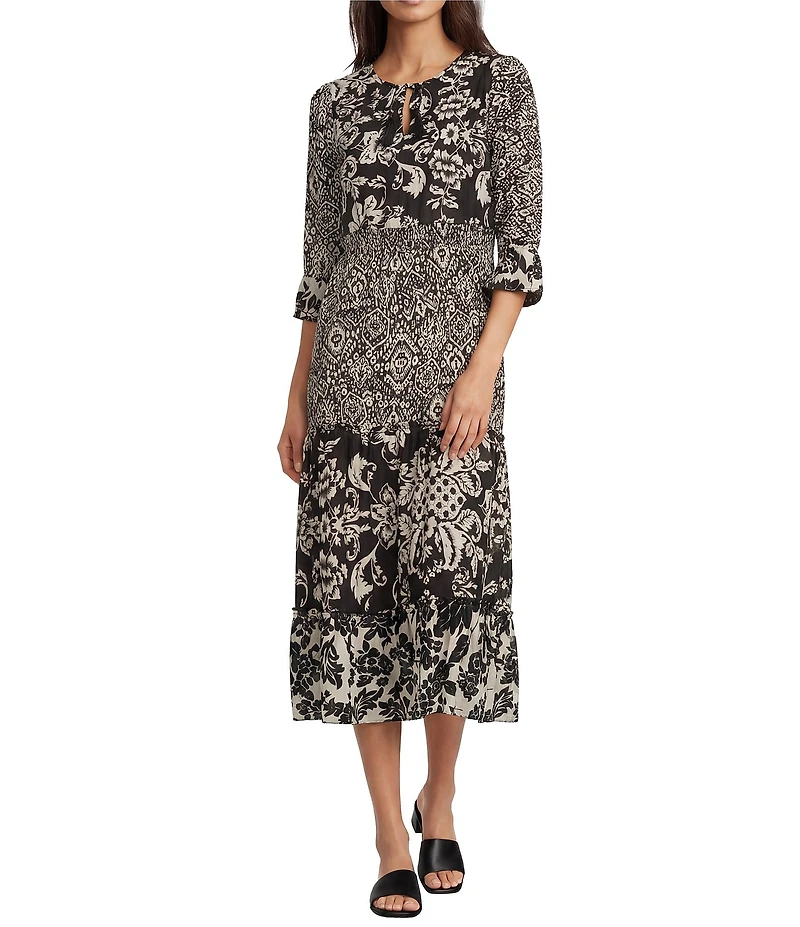 Calessa Spring Blues Round Neck Elbow Length Sleeve Tiered Midi Dress
