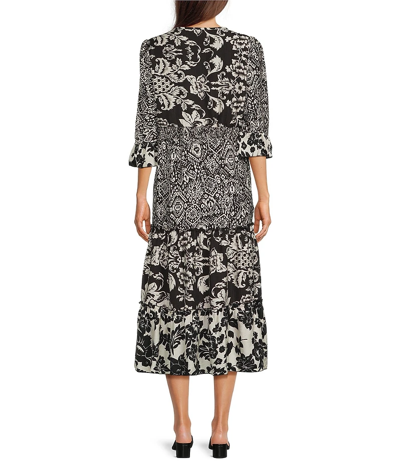 Calessa Spring Blues Round Neck Elbow Length Sleeve Tiered Midi Dress