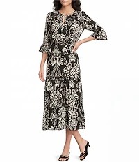 Calessa Spring Blues Round Neck Elbow Length Sleeve Tiered Midi Dress