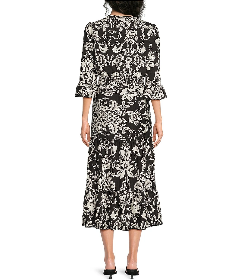 Calessa Spring Blues Round Neck Elbow Length Sleeve Tiered Midi Dress