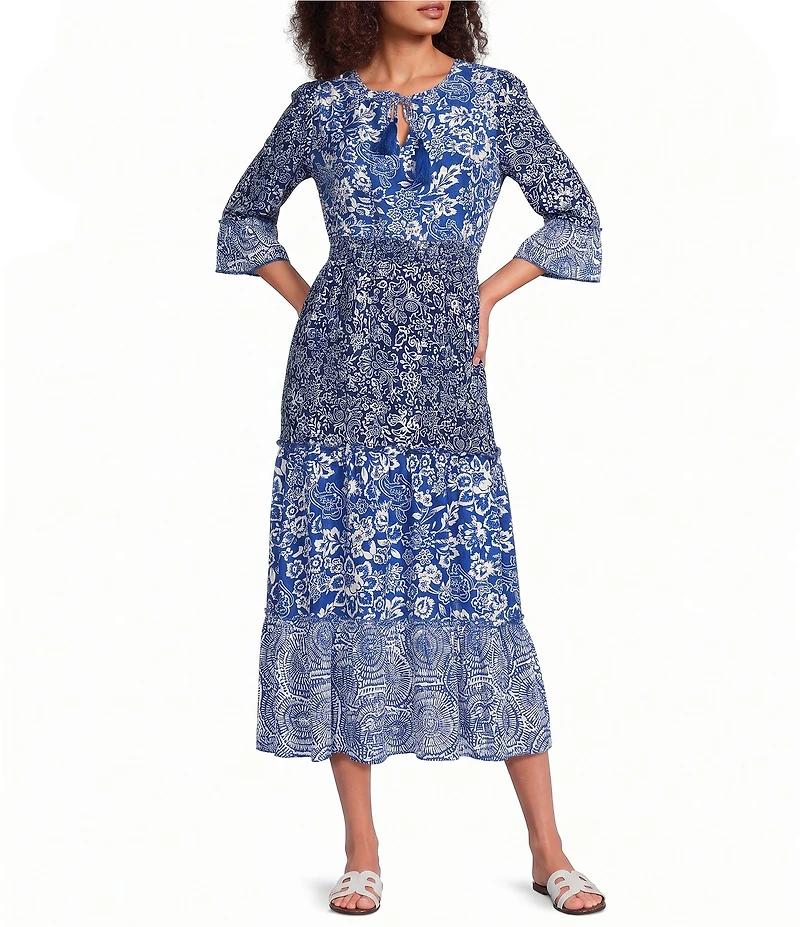 Calessa Spring Blues Round Neck Elbow Length Sleeve Tiered Midi Dress