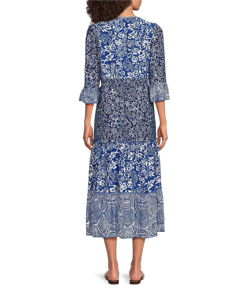 Calessa Spring Blues Round Neck Elbow Length Sleeve Tiered Midi Dress