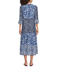 Calessa Spring Blues Round Neck Elbow Length Sleeve Tiered Midi Dress
