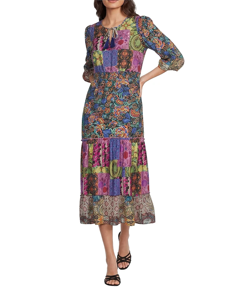 Calessa Spring Blues Round Neck Elbow Length Sleeve Tiered Midi Dress