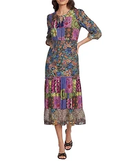 Calessa Spring Blues Round Neck Elbow Length Sleeve Tiered Midi Dress