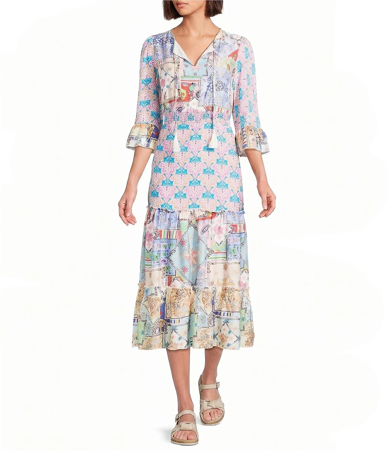 Calessa Spring Blues Round Neck Elbow Length Sleeve Tiered Midi Dress