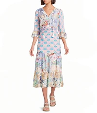 Calessa Spring Blues Round Neck Elbow Length Sleeve Tiered Midi Dress
