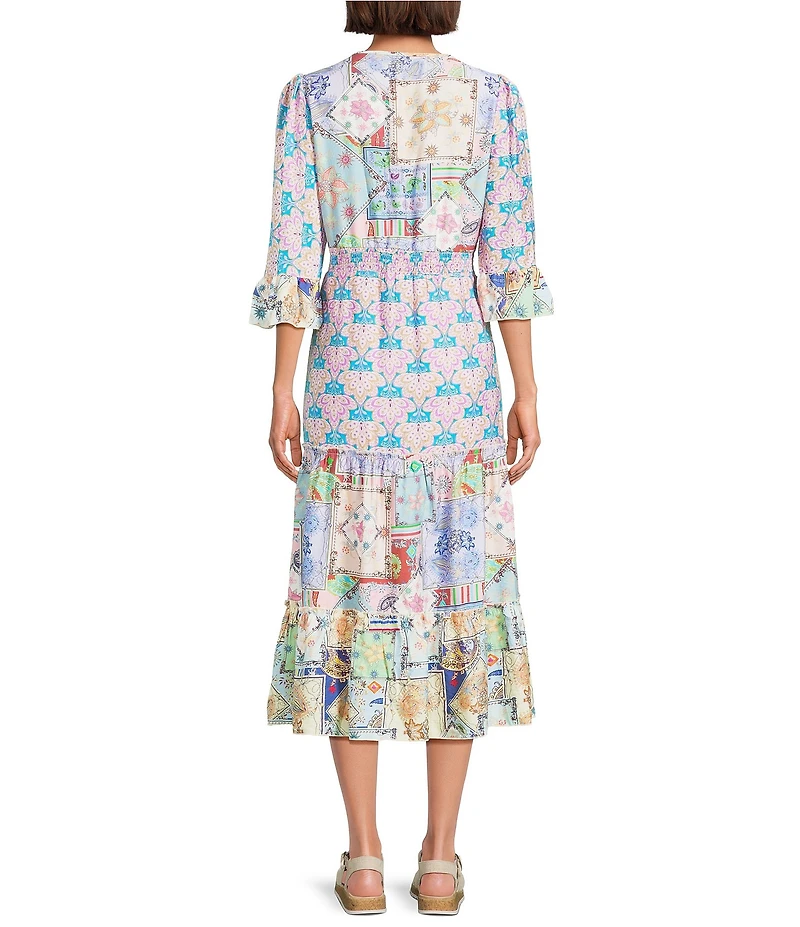 Calessa Spring Blues Round Neck Elbow Length Sleeve Tiered Midi Dress