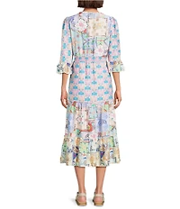 Calessa Spring Blues Round Neck Elbow Length Sleeve Tiered Midi Dress