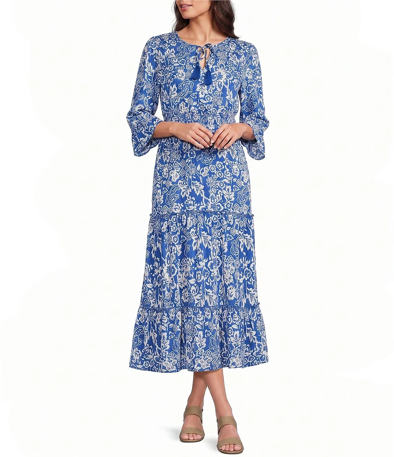 Calessa Spring Blues Round Neck Elbow Length Sleeve Tiered Midi Dress