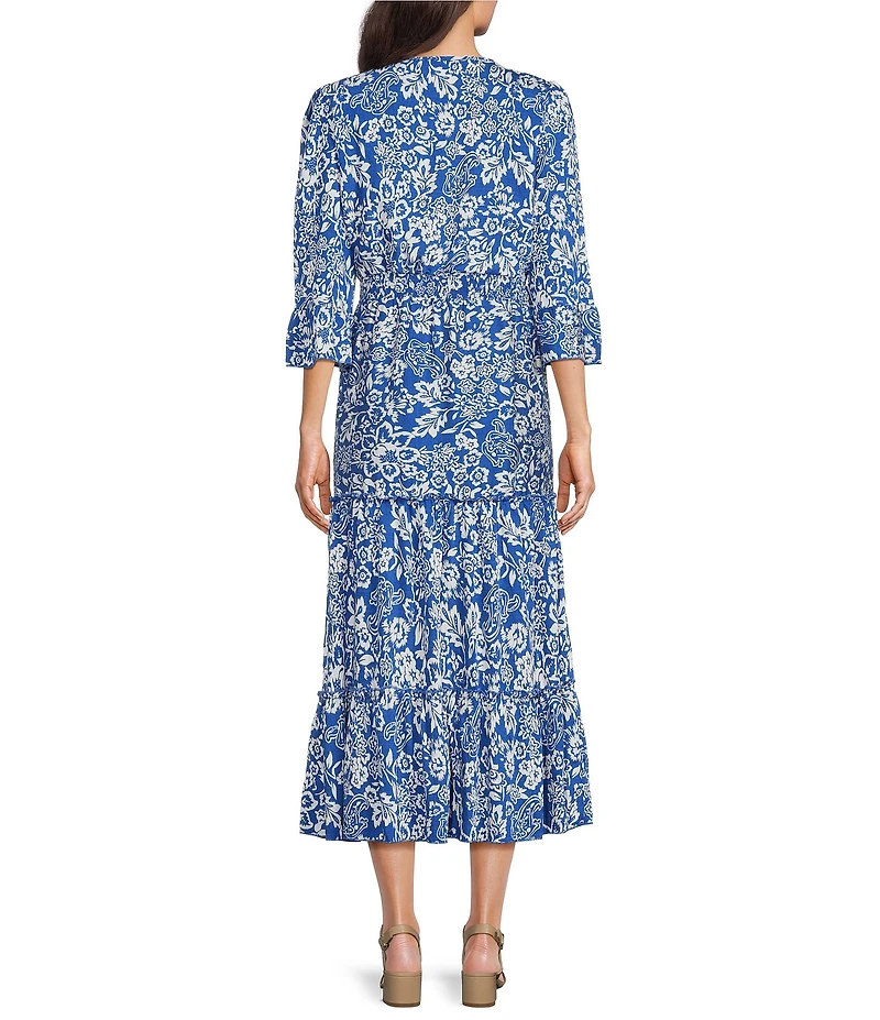 Calessa Spring Blues Round Neck Elbow Length Sleeve Tiered Midi Dress