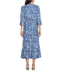 Calessa Spring Blues Round Neck Elbow Length Sleeve Tiered Midi Dress