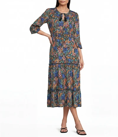 Calessa Spring Blues Round Neck Elbow Length Sleeve Tiered Midi Dress