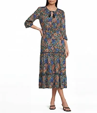 Calessa Spring Blues Round Neck Elbow Length Sleeve Tiered Midi Dress