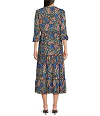 Calessa Spring Blues Round Neck Elbow Length Sleeve Tiered Midi Dress