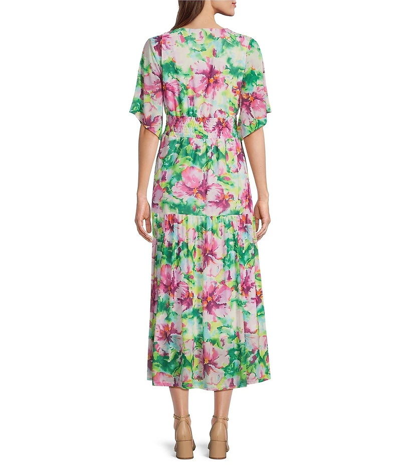 Calessa Stretch Mesh Abstract New Floral Print V-Neck Short Sleeve Empire Waist Tiered Dress