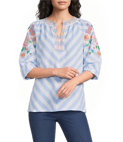 Calessa Stripe Split V-Neck Embroidered Elbow Length Sleeve Tunic