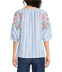 Calessa Stripe Split V-Neck Embroidered Elbow Length Sleeve Tunic