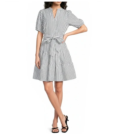 Calessa Stripe Tiered Belted Short Balloon Beaded Sleeve Shift Dress