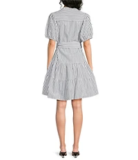 Calessa Stripe Tiered Belted Short Balloon Beaded Sleeve Shift Dress