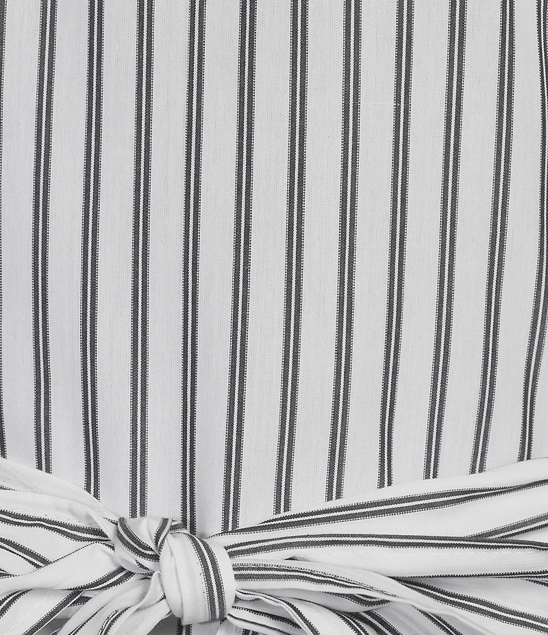 Calessa Stripe Tiered Belted Short Balloon Beaded Sleeve Shift Dress