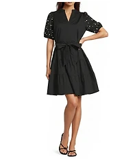 Calessa Stripe Tiered Belted Short Beaded Balloon Sleeve Dress