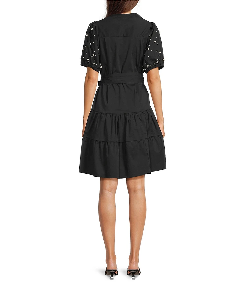 Calessa Stripe Tiered Belted Short Beaded Balloon Sleeve Dress