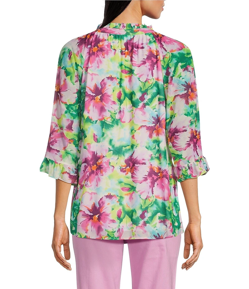 Calessa Summer Floral V-Neck Banded Collar Elbow Sleeve Top