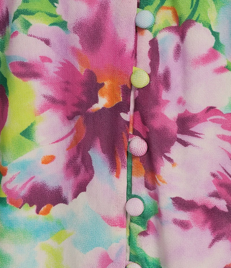 Calessa Summer Floral V-Neck Banded Collar Elbow Sleeve Top