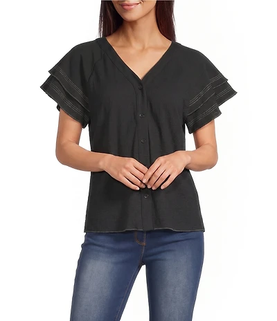 Calessa Textured Crepe V-Neck Ruffle Cap Sleeve Button Front Top