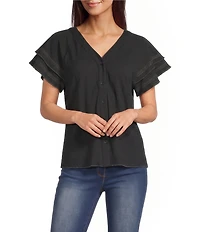 Calessa Textured Crepe V-Neck Ruffle Cap Sleeve Button Front Top