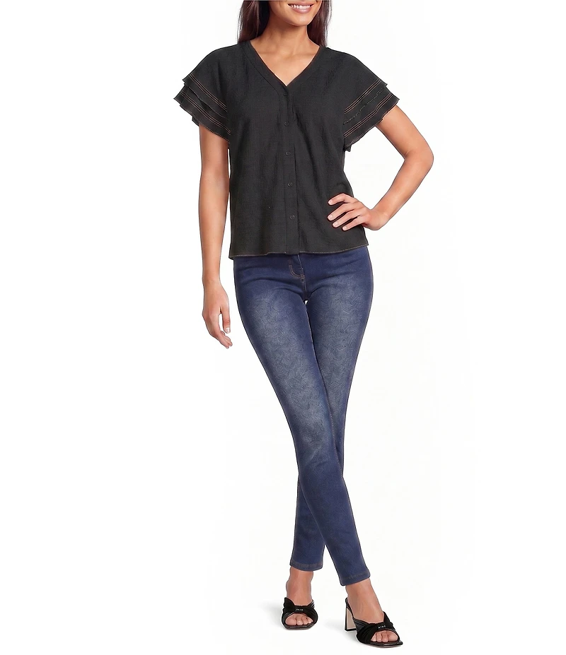 Calessa Textured Crepe V-Neck Ruffle Cap Sleeve Button Front Top